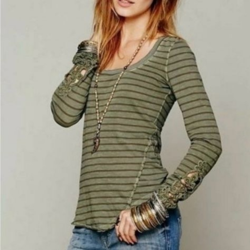 Free People Striped Olive Green Lace-Sleeve Women's Top